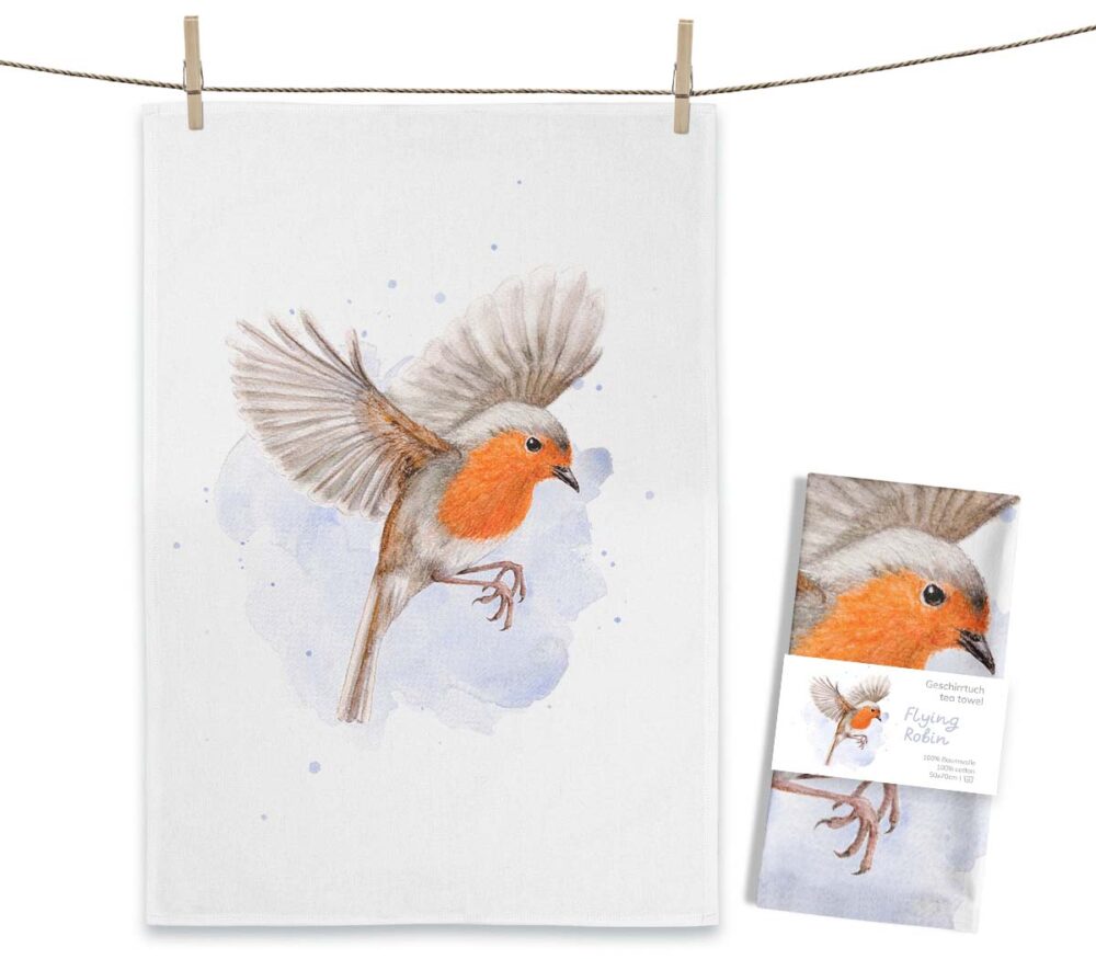Maluu Design Geschirrtuch Flying Robin Rotkehlchen