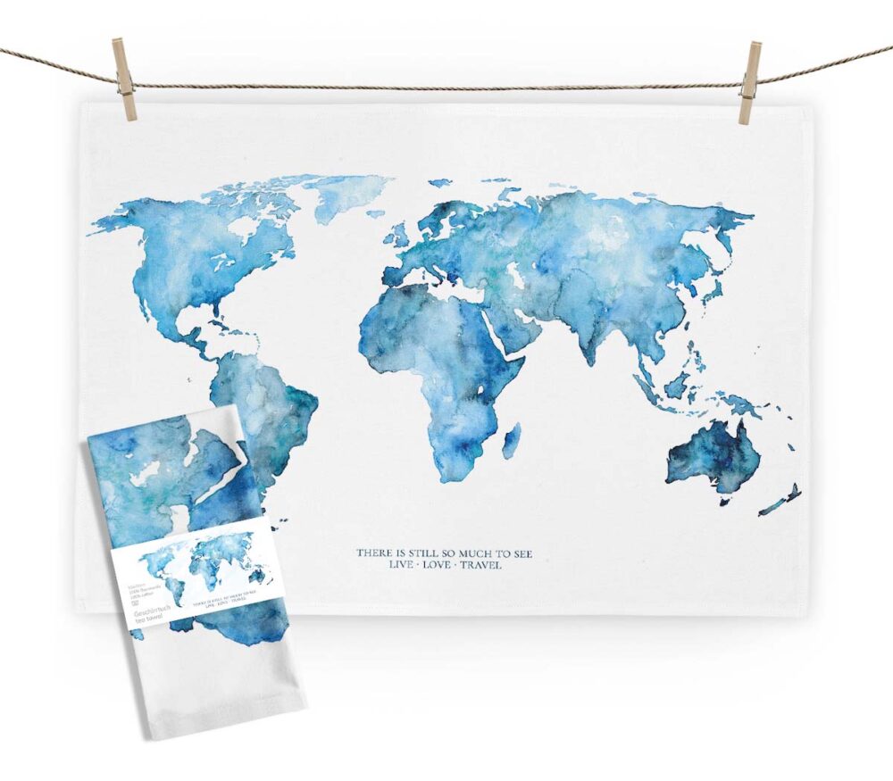 Maluu Design Geschirrtuch World blue Live Love Travel