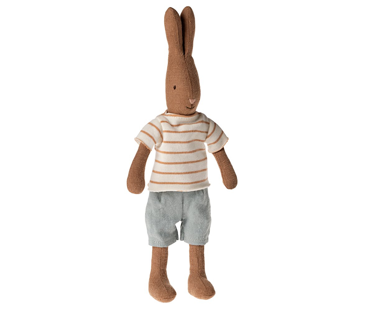Maileg Hase Größe 1 Schokobraun mit gestreifter Bluse und Shorts