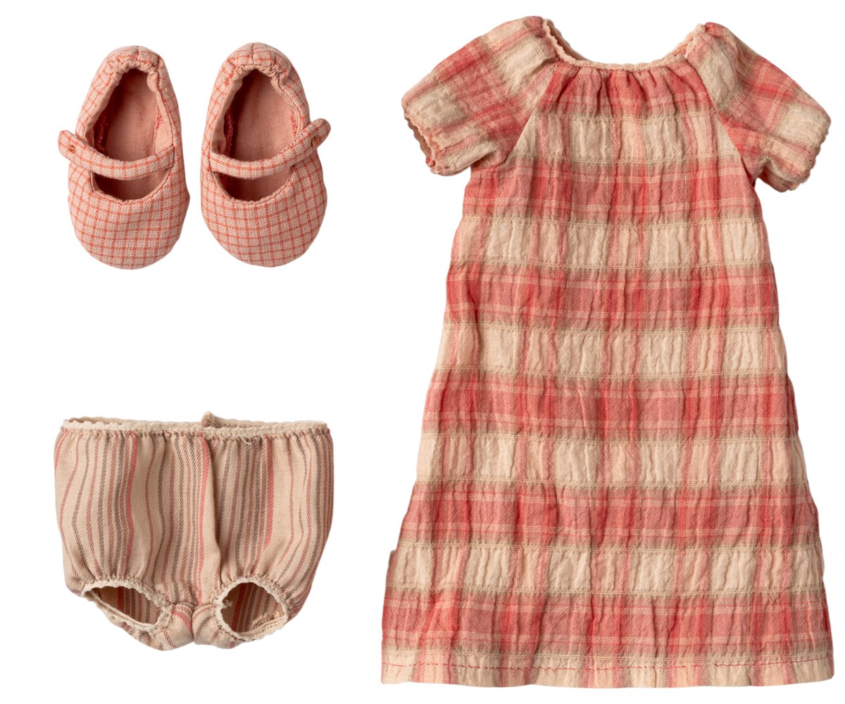 Maileg Kleid mit Unterwäsche und Schuhen Hase Größe 3 Rosa kariert