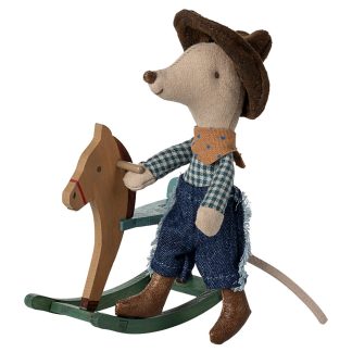 Maileg Cowboy Maus Kleiner Bruder auf Schaukelpferd