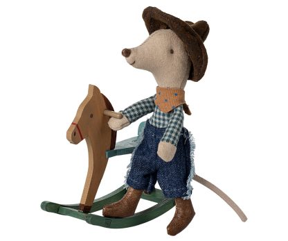 Maileg Cowboy Maus Kleiner Bruder auf Schaukelpferd