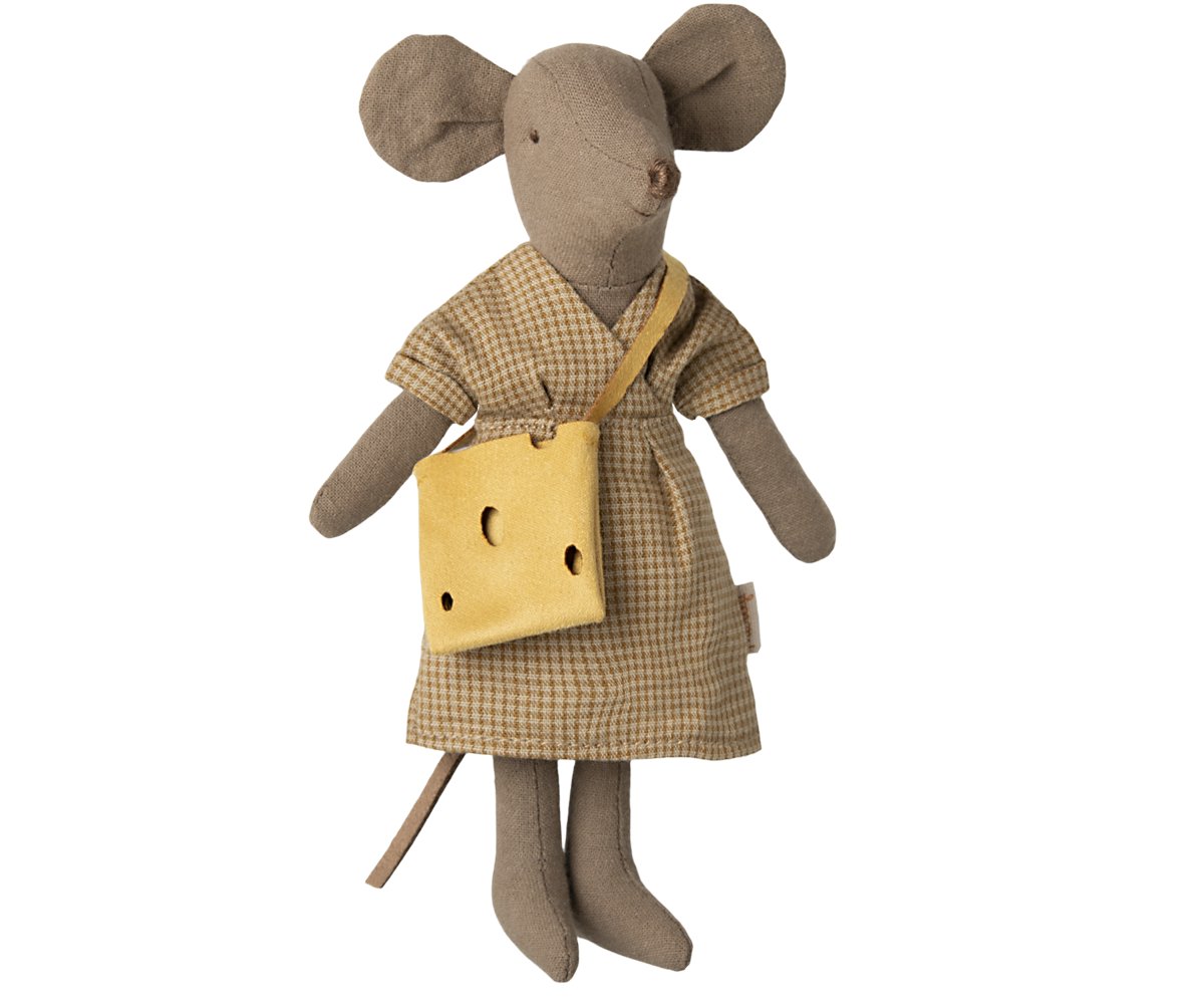 Maileg Mama Maus Hellbraun mit Kleid und Käselochtasche