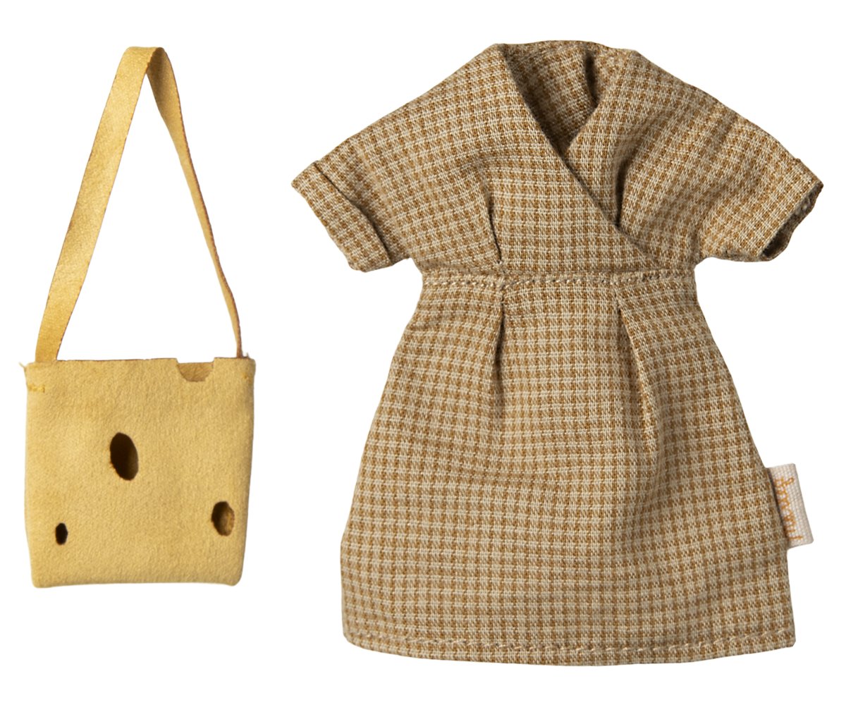 Maileg Mama Maus Hellbraun mit Kleid und Käselochtasche – Bild 3