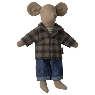 Maileg Papa Maus Hellbraun mit kariertem Hemd und Jeans