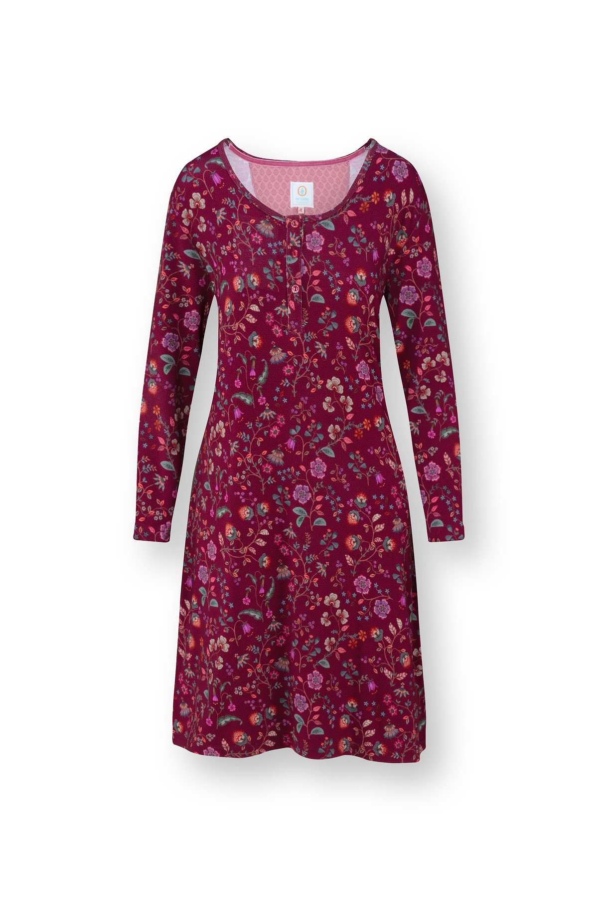 Pip Studio Desiree Nachthemd langarm Flora Bangalore Dunkelpink – Größe XS